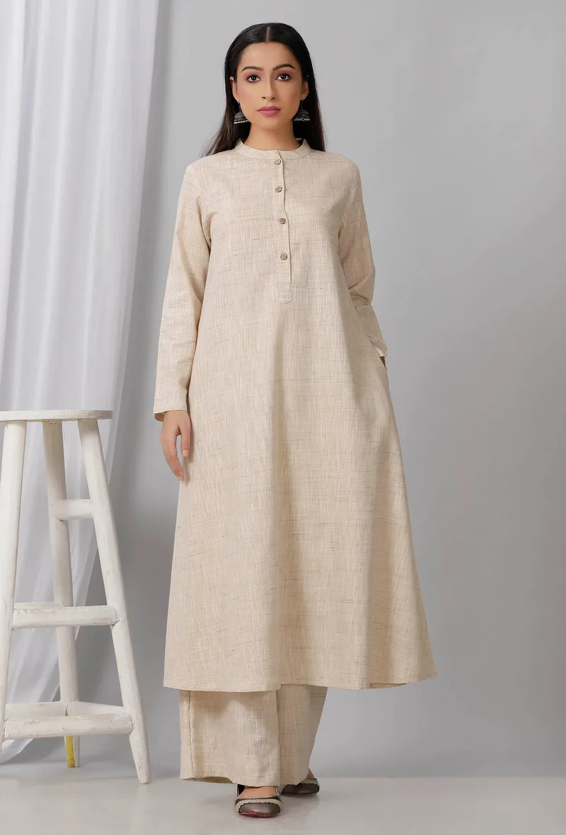 Beige Cotton Khadi A Line Kurta