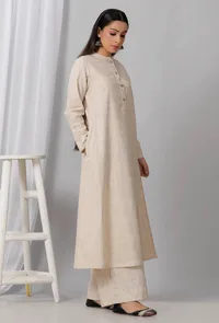 Beige Cotton Khadi A Line Kurta image 2