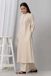 Beige Cotton Khadi A Line Kurta image 3