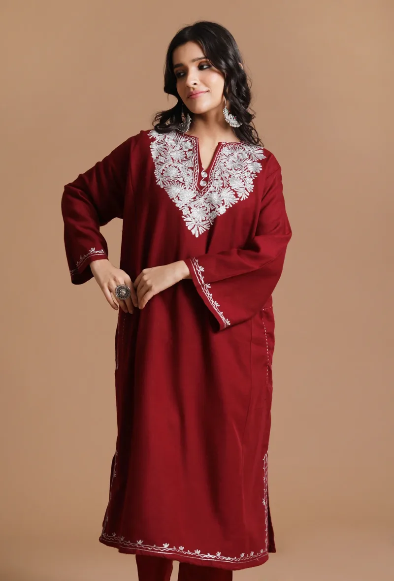 Old Brick Aari Embroidered Kashmiri Phiran-Free Size