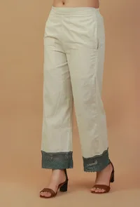 Solid Ivory Straight Cotton Pants with Lace Hem image 2