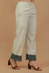 Solid Ivory Straight Cotton Pants with Lace Hem image 3