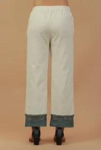 Solid Ivory Straight Cotton Pants with Lace Hem image 4