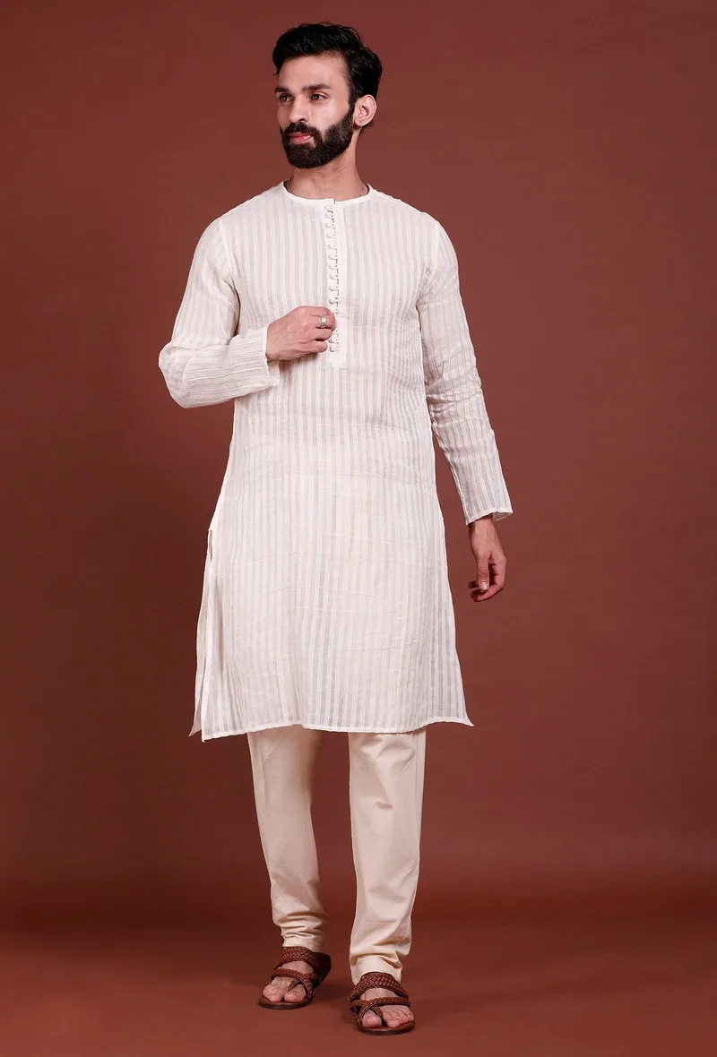 Set of 2 - Offwhite Stripes Malmal Kurta Pyjama Set