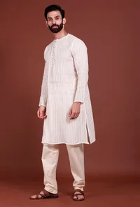 Set of 2 - Offwhite Stripes Malmal Kurta Pyjama Set image 2
