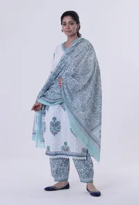 White Cotton Dupatta With Blue Motif image 3