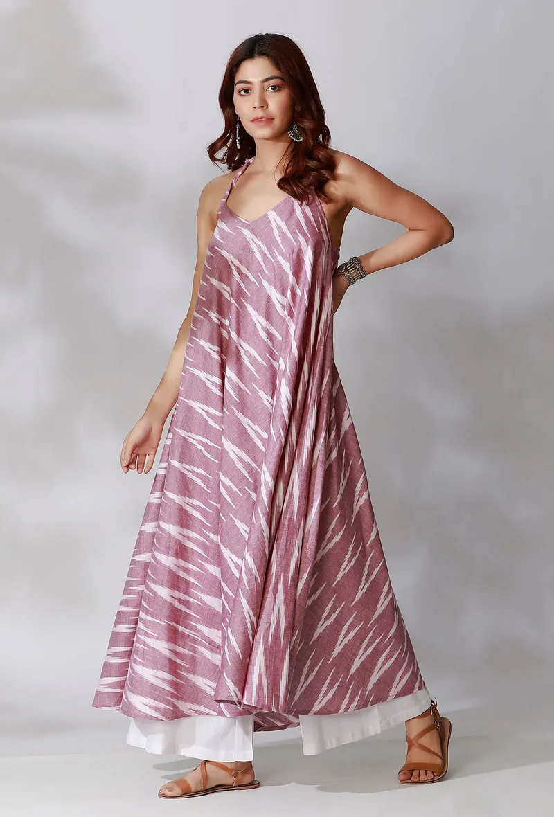 Purple Halter V-Neck Ikkat Flared Kurta With Backless Back