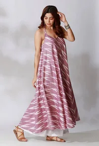 Purple Halter V-Neck Ikkat Flared Kurta With Backless Back image 2