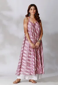 Purple Halter V-Neck Ikkat Flared Kurta With Backless Back image 3