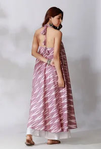 Purple Halter V-Neck Ikkat Flared Kurta With Backless Back image 4