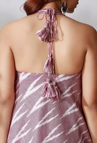 Purple Halter V-Neck Ikkat Flared Kurta With Backless Back image 6
