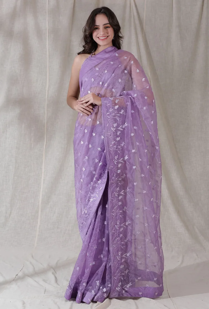 Lilac purple color organza embroidered saree