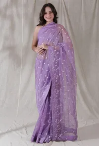 Lilac purple color organza embroidered saree image 1