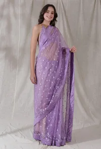 Lilac purple color organza embroidered saree image 2