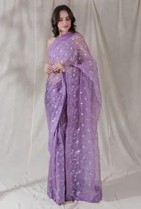 Lilac purple color organza embroidered saree image 3