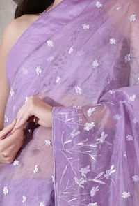 Lilac purple color organza embroidered saree image 5