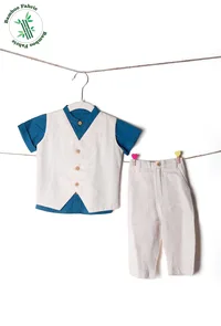 Set of 3: Off White Cotton Waistcoat and Pants with Blue Bamboo Shirt image 1
