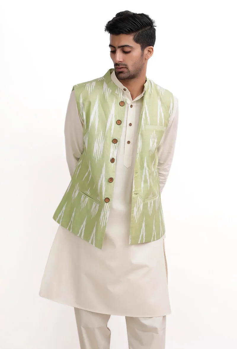 Lemon Green Ikat Nehru Jacket