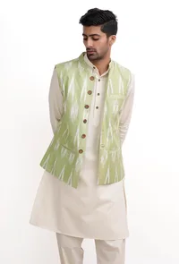 Lemon Green Ikat Nehru Jacket image 1