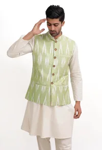 Lemon Green Ikat Nehru Jacket image 2