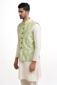 Lemon Green Ikat Nehru Jacket image 3