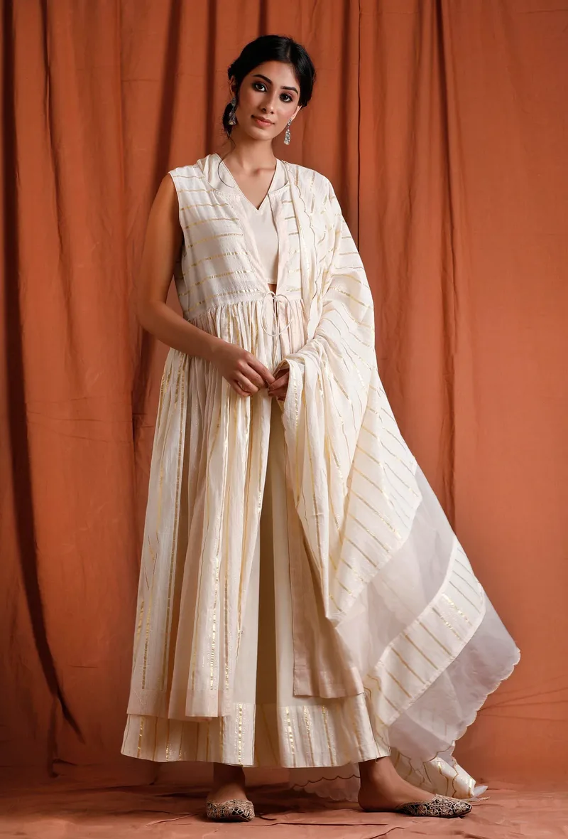 Set of 4: Off White Blouse with Cape and Dupatta and Pallazo