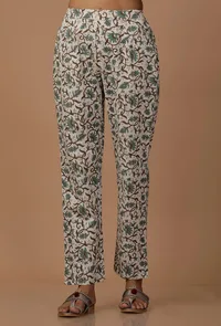 White and Blue Floral Cotton Flex Pants image 1