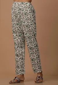 White and Blue Floral Cotton Flex Pants image 2