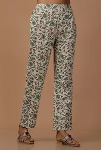 White and Blue Floral Cotton Flex Pants image 3