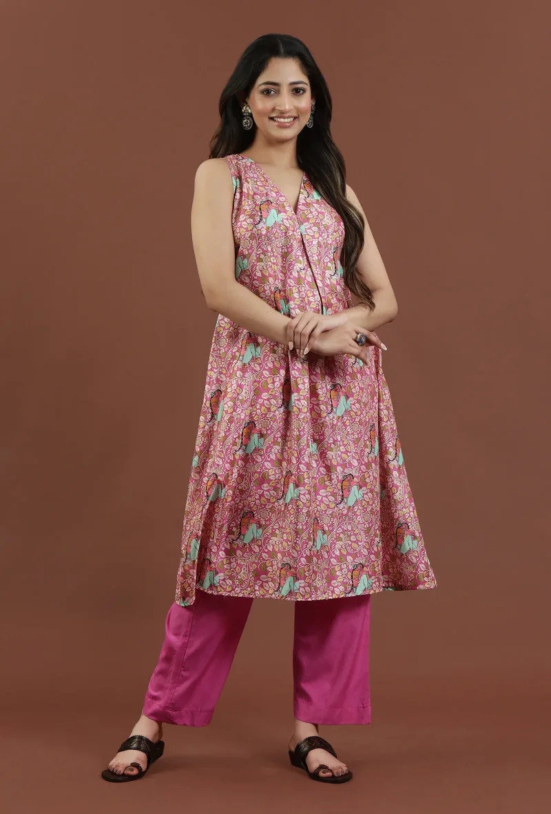 Set of 2: Elegant Pink Kalamkari Printed Silk Kurta Set with Solid Pink Pants