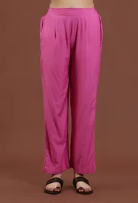 Set of 2: Elegant Pink Kalamkari Printed Silk Kurta Set with Solid Pink Pants image 3