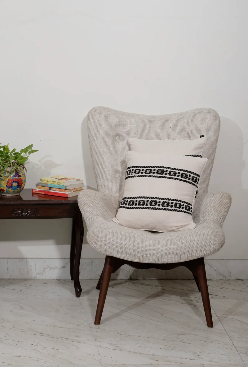 Set of 2: Cream White with Black Border Sky Blue Handcrafted Jacquard Cushion Covers