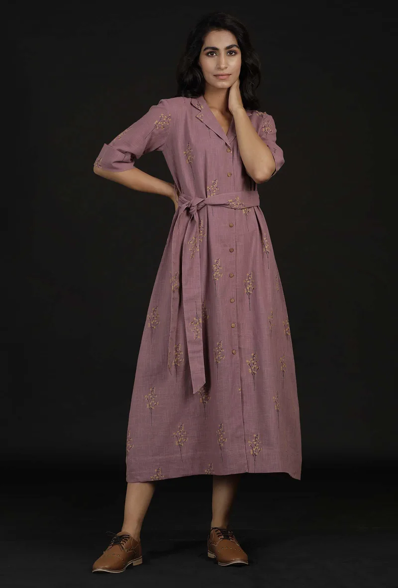 Ahana Violet Block Print Belt Cotton Dress
