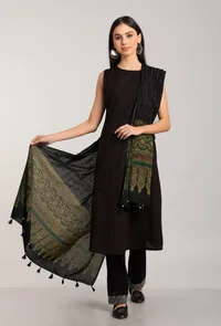 Raashi Black and Green Ajrakh-Kantha Cotton Dupatta image 2