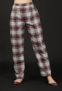 Smoke Grey Woven Tartan Checks Woolen Straight Pants image 1