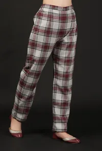 Smoke Grey Woven Tartan Checks Woolen Straight Pants image 2