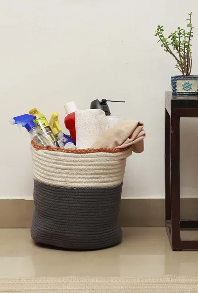 Grey and White Cotton Jute Basket