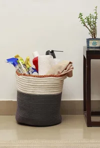 Grey and White Cotton Jute Basket image 1