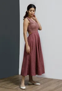 Plum Hand-Block A-Line Flared Dress image 3