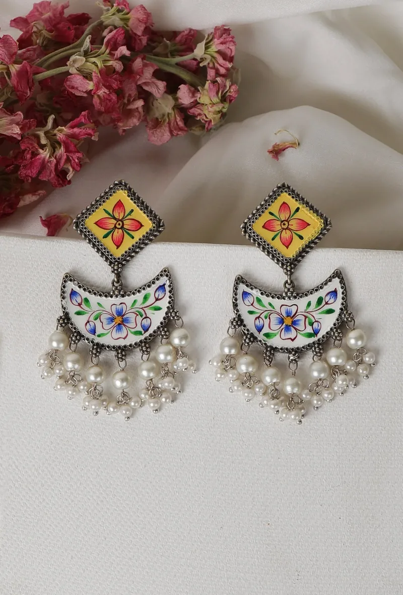 Yellow & White Handpainted Pearl Drop&nbsp;Earrings