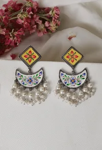 Yellow & White Handpainted Pearl Drop&nbsp;Earrings image 1