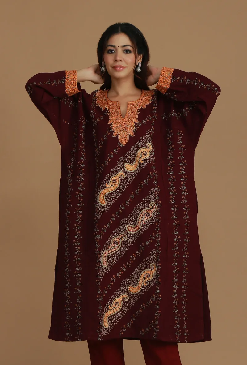 Maroon Phiran with Paisley and Vine Aari Embroidery- Free Size