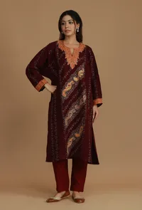 Maroon Phiran with Paisley and Vine Aari Embroidery- Free Size image 2