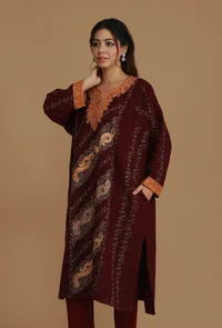 Maroon Phiran with Paisley and Vine Aari Embroidery- Free Size image 3
