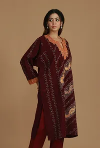 Maroon Phiran with Paisley and Vine Aari Embroidery- Free Size image 4