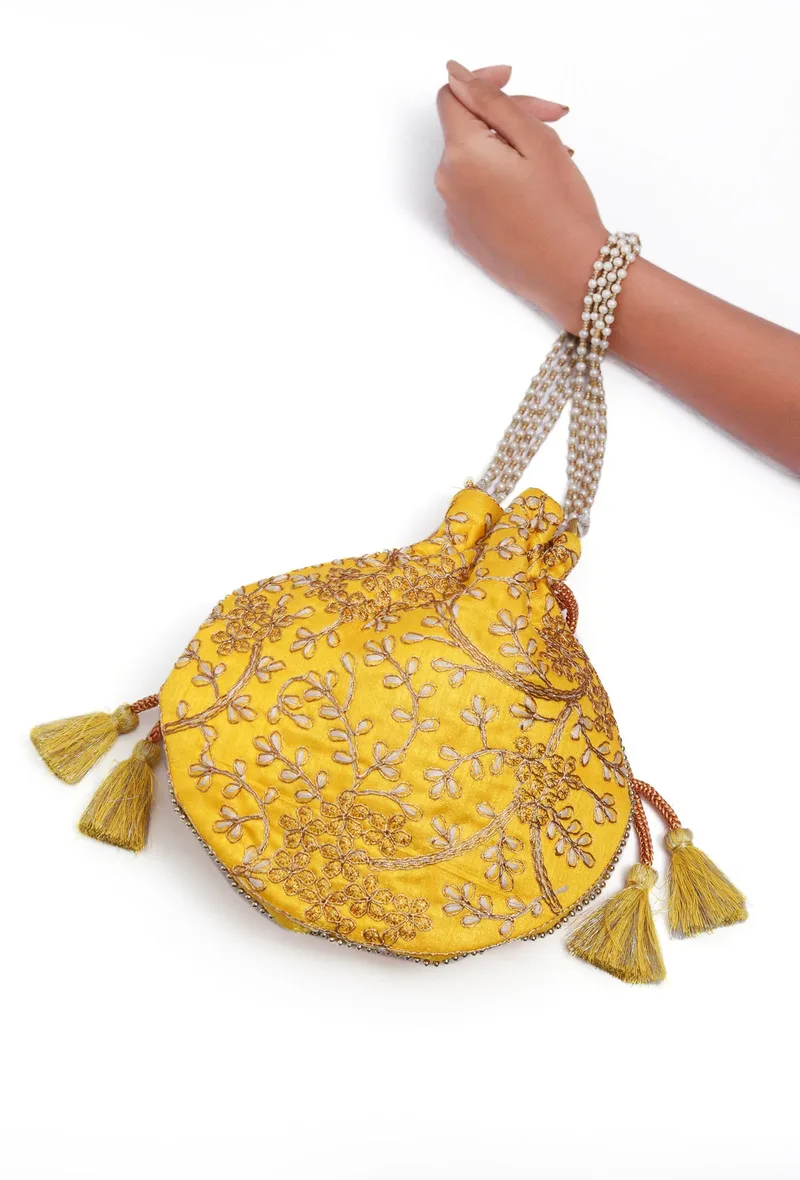 Tuscan Yellow Embroidered Silk Potli