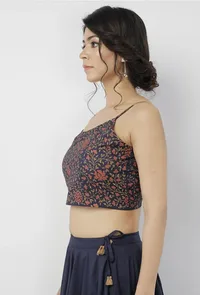 Indigo Blue Small Floral Hand-Block Printed Cotton Slip Blouse image 3