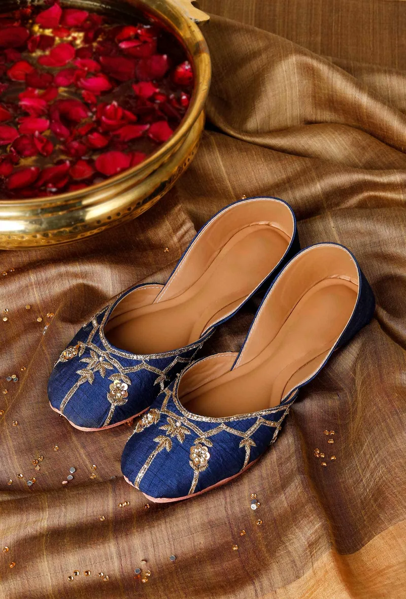 Blue Hand Embroidered Silk Juttis