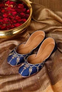 Blue Hand Embroidered Silk Juttis image 1