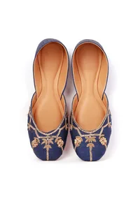 Blue Hand Embroidered Silk Juttis image 2